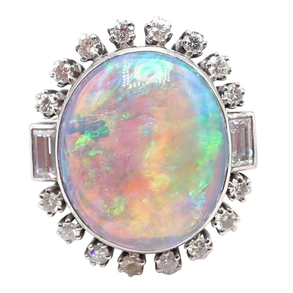 Antique Vintage Estate Palladium Diamond Opal Ring